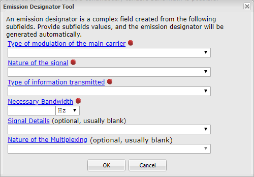 Emission Designator Popup Panel